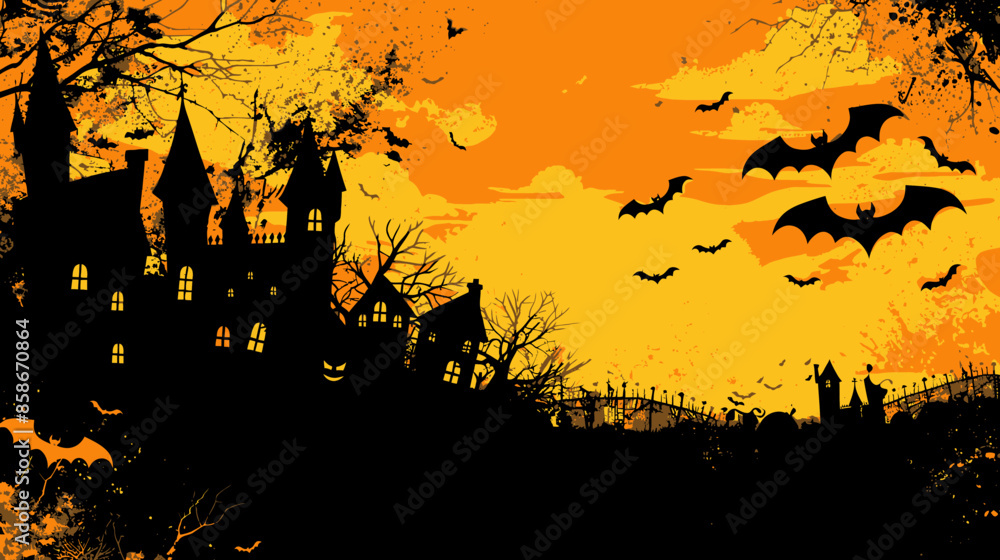 Halloween Castle Silhouette with Flying Bats and Orange Sky Halloween Castle Silhouette with Flying Bats and Orange Sky