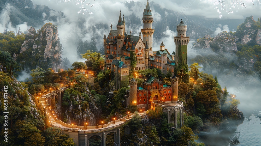 Fototapeta premium A stunning castle with multiple towers and ornate architecture surrounded by a misty forest landscape creating a magical and fairy-tale-like scene ideal for fantasy themes