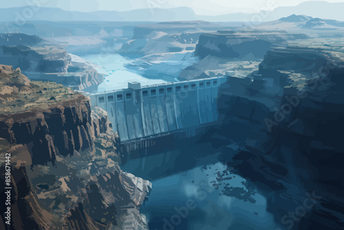 Majestic Waterfall Surrounded by Towering Rock Formations and a Dam