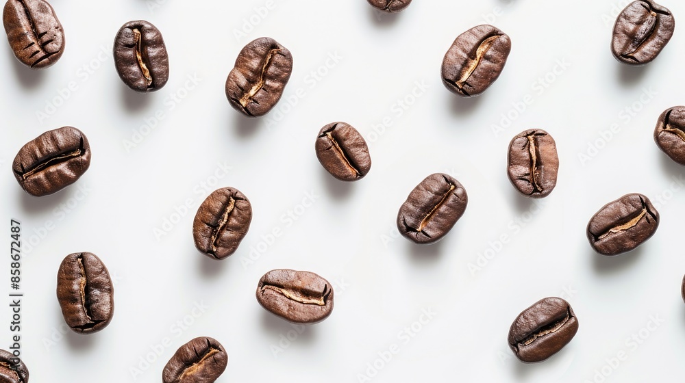 Fresh brown coffee beans arranged on a white background with bright overhead lighting Fresh brown coffee beans arranged on a white background with bright overhead lighting