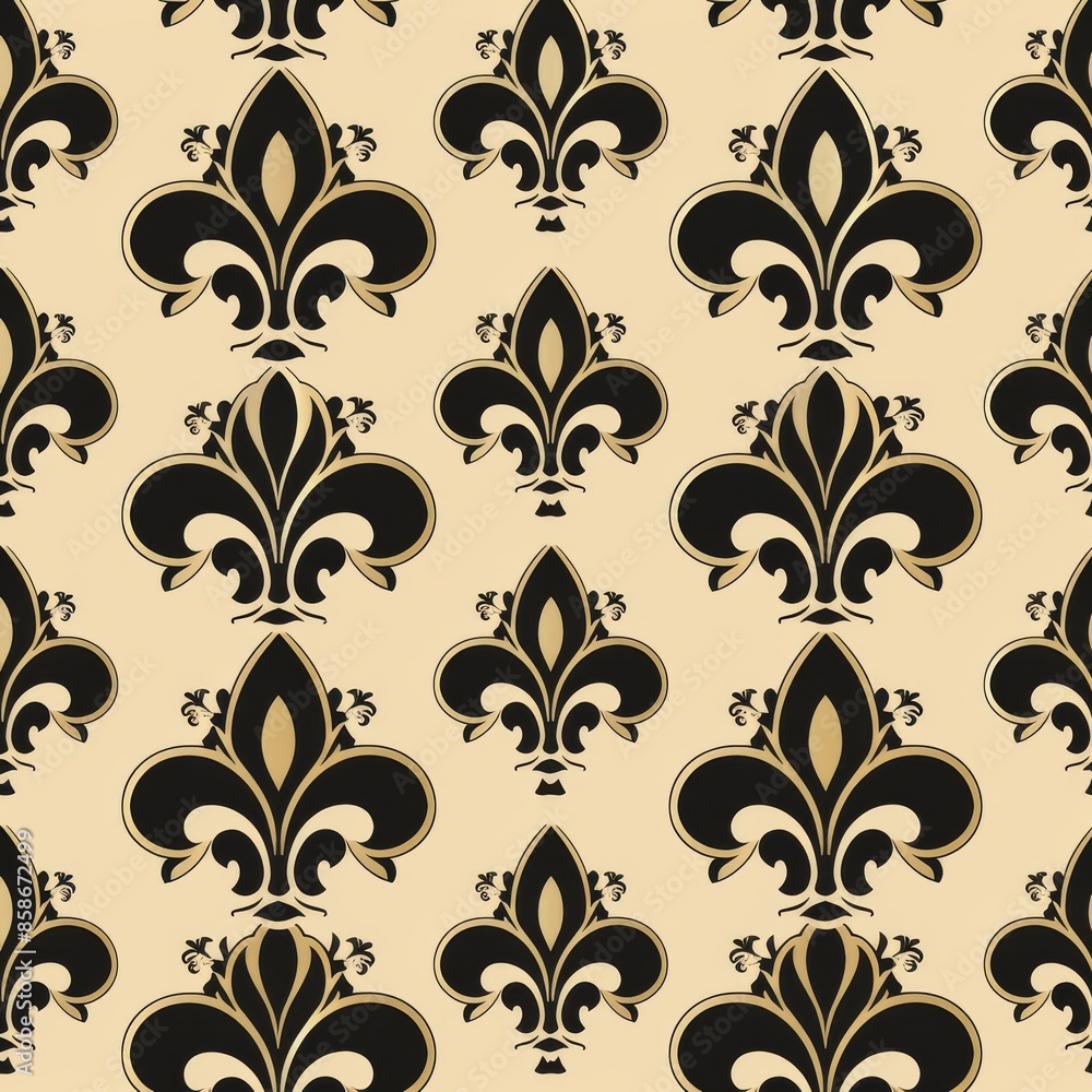 Create a repeating Louis pattern featuring classic fleur-de-lis symbols. Use a two-tone color scheme with gold and black. The design should be elegant and regal, suitable for luxurious fabric prints. Create a repeating Louis pattern featuring classic fleur-de-lis symbols. Use a two-tone color scheme with gold and black. The design should be elegant and regal, suitable for luxurious fabric prints.