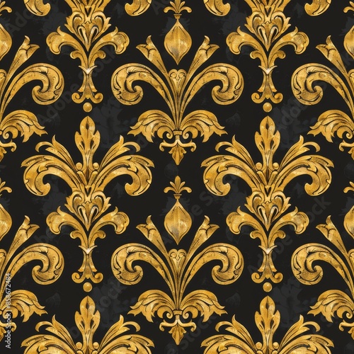Create a repeating Louis pattern featuring classic fleur-de-lis symbols. Use a two-tone color scheme with gold and black. The design should be elegant and regal, suitable for luxurious fabric prints.