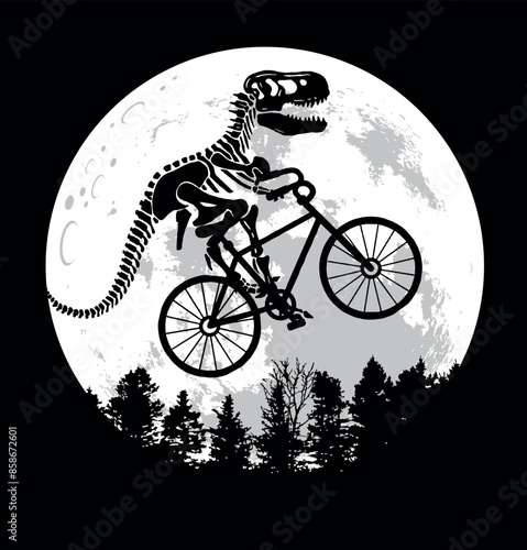 Vector illustration of Tyrannosaurus Rex silhouette riding a bicycle in front of the Moon.