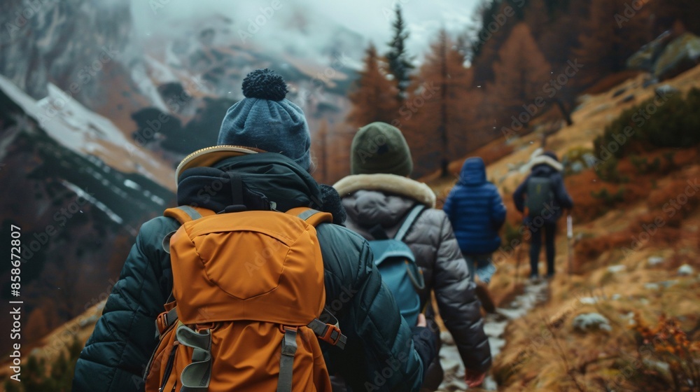 Group of hikers with backpacks hiking on mountains. Group of hikers with backpacks hiking on mountains.