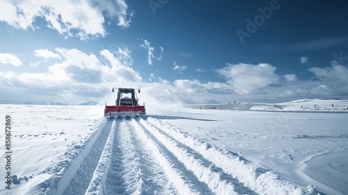 Snowplow clearing a snowy field, leaving tracks, under a bright blue sky with white clouds, winter setting, raw texture