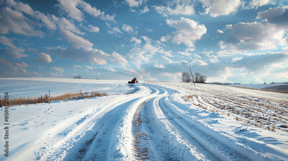 Snowy field with a snowplow leaving clear trails, winter scene under a blue sky with white clouds, raw texture, detailed and serene Snowy field with a snowplow leaving clear trails, winter scene under a blue sky with white clouds, raw texture, detailed and serene