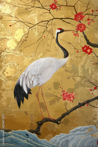 Golden Serenity: A White Crane Amidst Blossoming Trees and a Tranquil Water Body