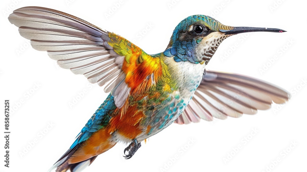 Fototapeta premium Colorful hummingbird in flight on white background, close-up. Nature and wildlife photography concept