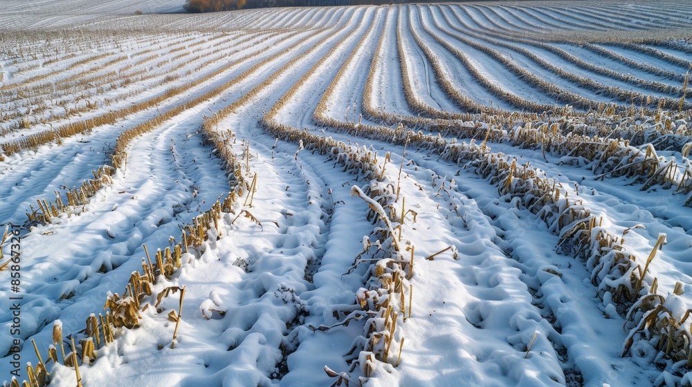 Fototapeta premium Snowy maize field with curved rows of stubbles, raw and detailed, serene winter landscape, intricate patterns