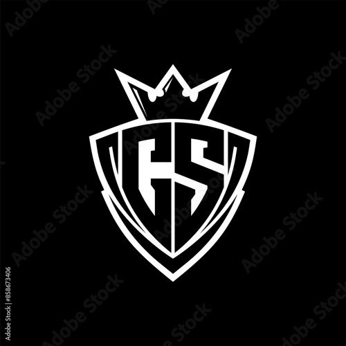 CS Letter logo with sharp triangle shield shape with crown inside white outline on black background template design