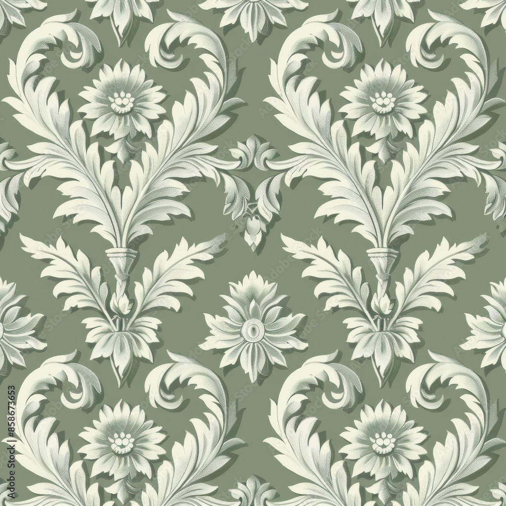 Naklejka premium Design a repeating Louis pattern featuring classical rosette motifs. Use a monochromatic palette with shades of green. The pattern should be refined and decorative, ideal for high-end fabric designs.