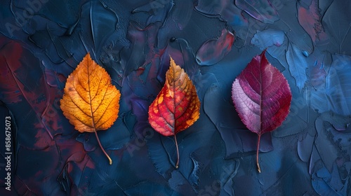 Trio of autumn leaves in red, orange, yellow, and purple on a deep blue backdrop, vibrant and abstract, raw texture, detailed