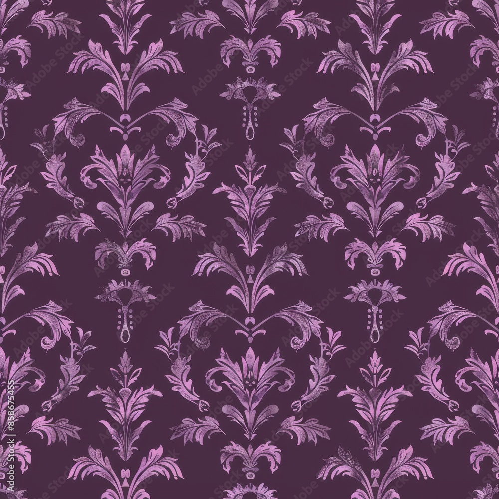Generate a repeating damask pattern with stylized vine and leaf motifs. Use a single color like royal purple. The design should be ornate and classic, suitable for high-end fabric applications. Generate a repeating damask pattern with stylized vine and leaf motifs. Use a single color like royal purple. The design should be ornate and classic, suitable for high-end fabric applications.