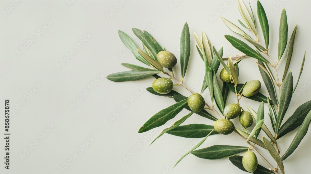 Obraz premium Olive branch with green olives on light background, minimalistic nature concept
