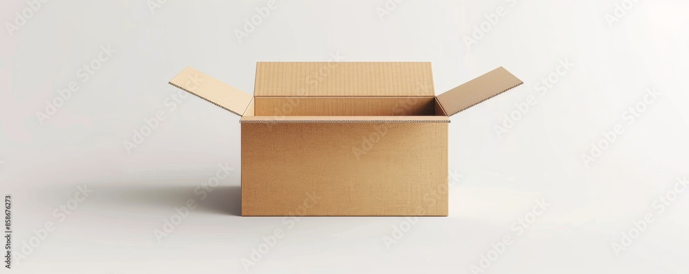 Open cardboard box on a plain white background, minimalistic concept