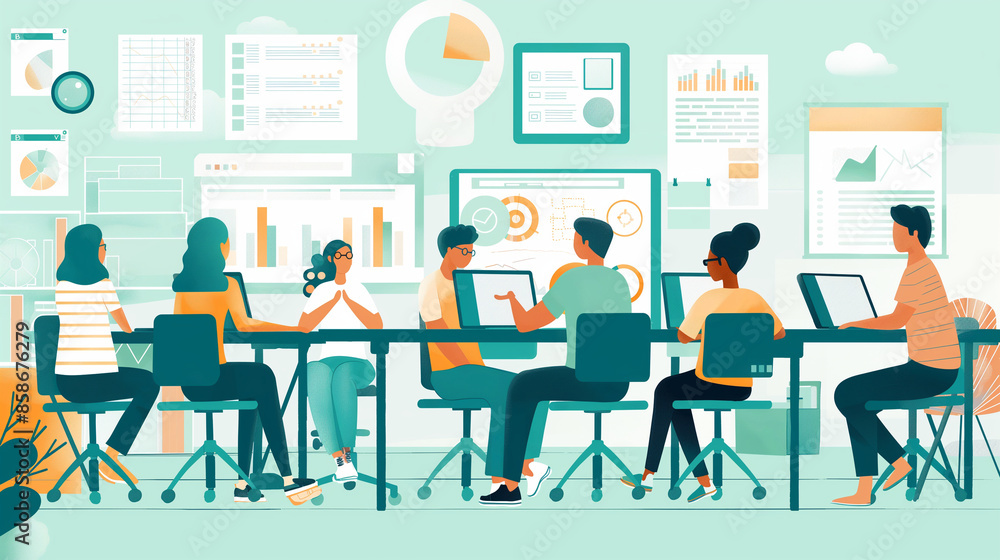 A flat design of an inclusive tech workshop, Disability Pride Month, flat design, with copy space A flat design of an inclusive tech workshop, Disability Pride Month, flat design, with copy space