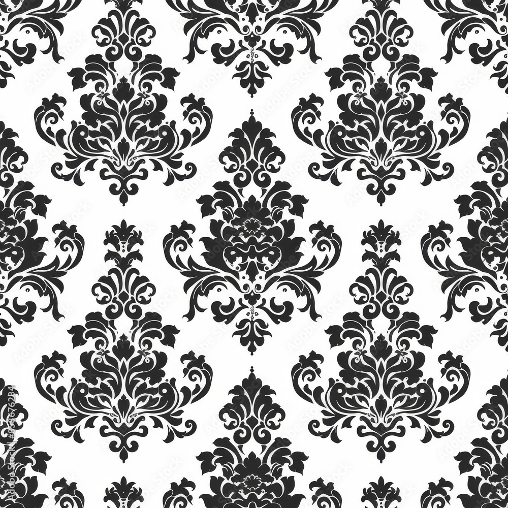 Create a repeating damask pattern with stylized quatrefoil elements and floral details. Use a two-color palette with black and white. The pattern should be elegant and timeless, perfect for high-end Create a repeating damask pattern with stylized quatrefoil elements and floral details. Use a two-color palette with black and white. The pattern should be elegant and timeless, perfect for high-end