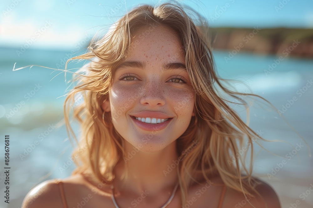 Woman Smiles at the Beach on a Sunny Day Woman Smiles at the Beach on a Sunny Day