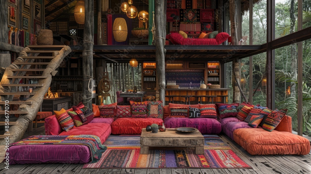 Naklejka premium Home mockup, nomadic boho interior background with rustic decor, 3d render 
