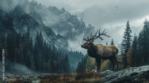 Stormy mountain landscape with a majestic deer, raw style, emphasizing the rugged beauty and wild essence of nature and wildlife photo