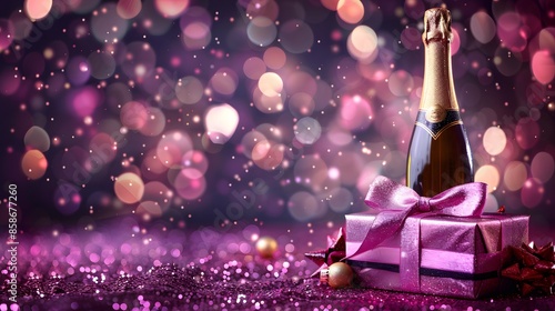 Champagne bottle and gift box on purple holiday glitter,New Years
 photo