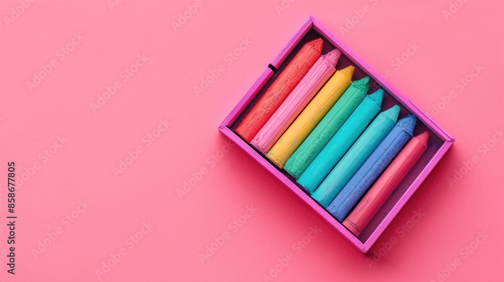 Artistic pastel crayon box on a pink surface Artistic pastel crayon box on a pink surface
