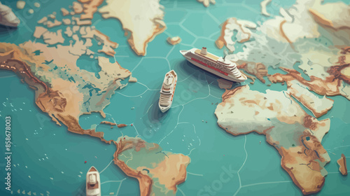 Vintage Map Illustrating World Travel with Boats and Airplanes