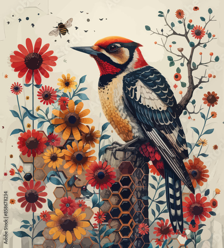 Vivid Flower Garden with a Colorful Bird Perched on a Honeycomb Structure