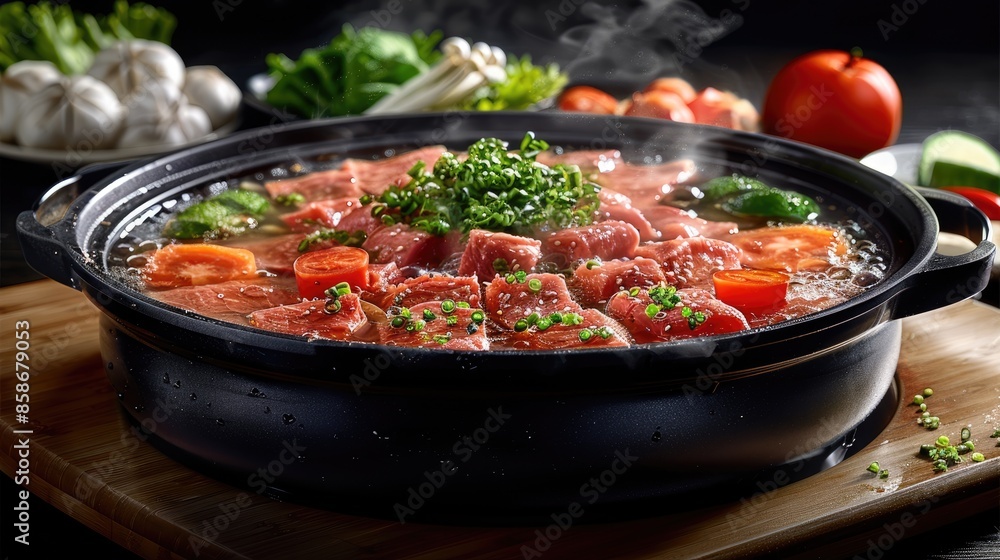Hot and Boiling Shabu broth: Shoyu soup base and clear soup base in hot pot that ready for boiling beef and vegetables. Hot and Boiling Shabu broth: Shoyu soup base and clear soup base in hot pot that ready for boiling beef and vegetables.