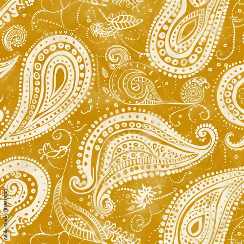Generate a repeating paisley pattern with paisley shapes layered over each other, creating depth and texture. Use a single color like mustard yellow for a warm and inviting feel. photo