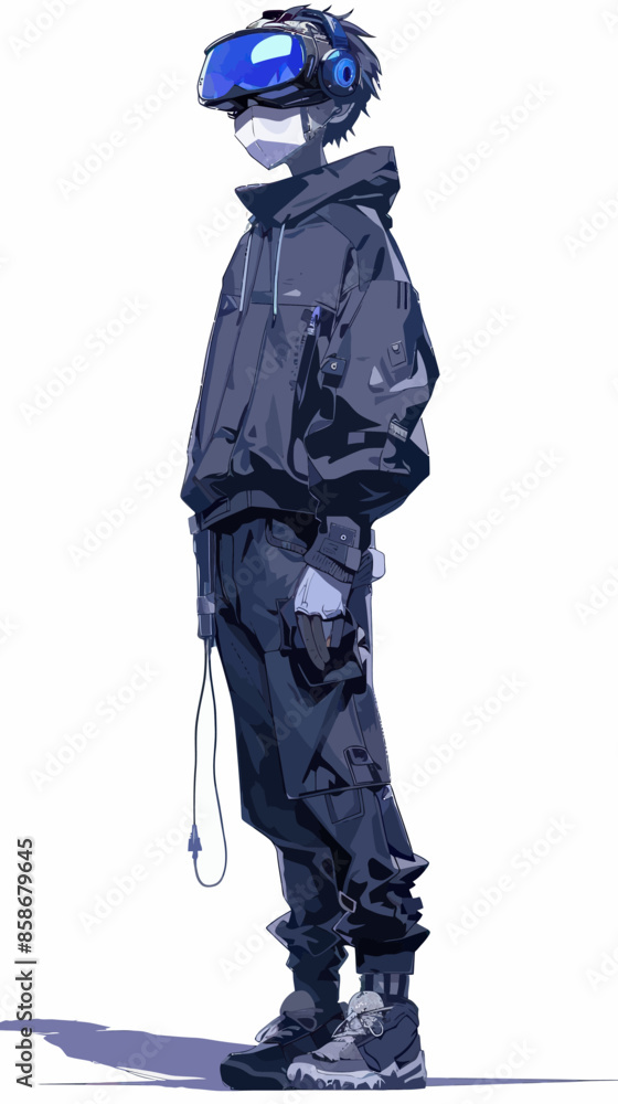 Stylized Illustration of a Person in a Virtual Reality Headset and Gear, Standing in a White Space Stylized Illustration of a Person in a Virtual Reality Headset and Gear, Standing in a White Space