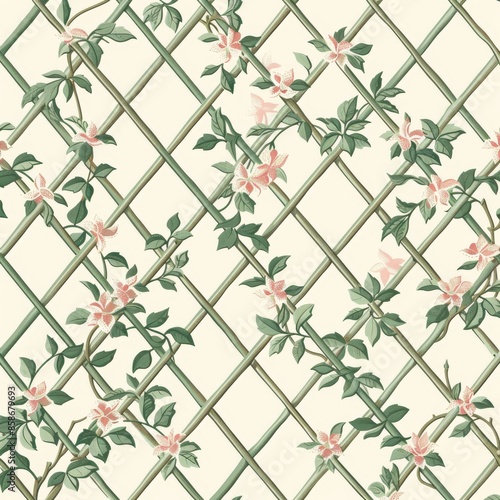 Create a repeating trellis pattern featuring intertwined vines and floral elements within each lattice section. Use a two-color palette with soft shades of pink and green for a romantic and