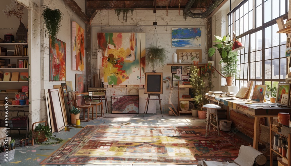 Fototapeta premium Boho style art studio filled with art supplies, canvases and paintings