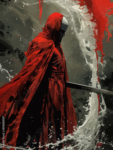 Vigilant Guardian: A Red-Robed Figure Wields a Sword Amidst a Splash of Red and Gray Paint