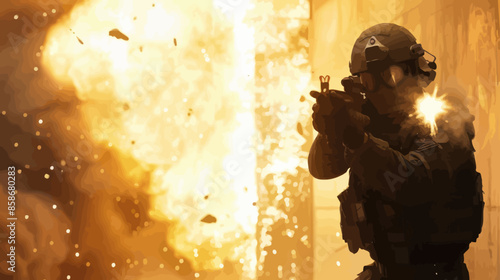 Military Operative in Action Amidst Explosion
