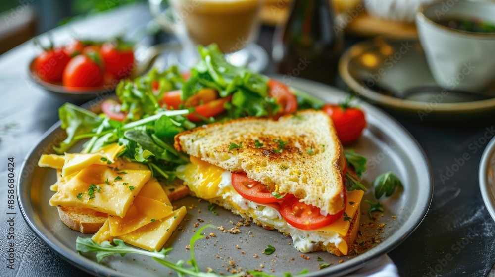 Nutritious sandwich with cheese fresh salad Morning meal with coffee blended drink Nutritious sandwich with cheese fresh salad Morning meal with coffee blended drink