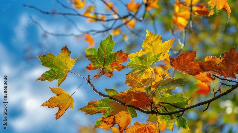 Fototapeta premium Maple leaves in autumn against blue sky