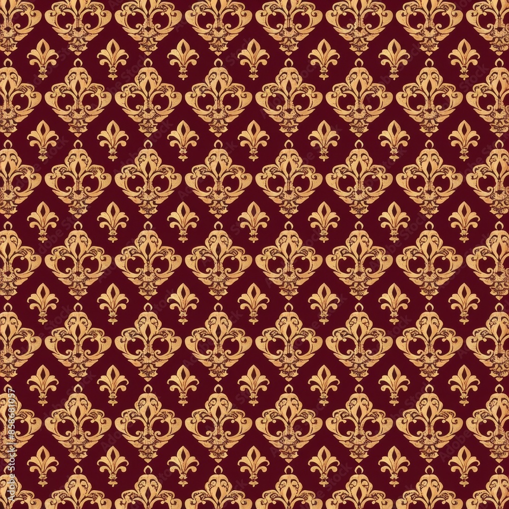 Create a repeating Fleur De Lis pattern featuring small, intricate fleur de lis motifs densely packed together. Use a two-color palette with gold and burgundy for a luxurious and opulent design. Create a repeating Fleur De Lis pattern featuring small, intricate fleur de lis motifs densely packed together. Use a two-color palette with gold and burgundy for a luxurious and opulent design.