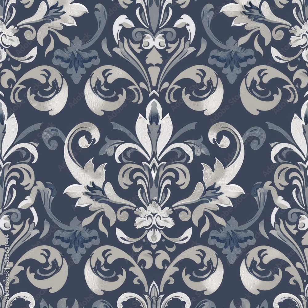 Design a repeating Fleur De Lis pattern with fleur de lis motifs surrounded by delicate floral embellishments. Use a two-color palette with silver and navy blue for a refined and sophisticated look. Design a repeating Fleur De Lis pattern with fleur de lis motifs surrounded by delicate floral embellishments. Use a two-color palette with silver and navy blue for a refined and sophisticated look.