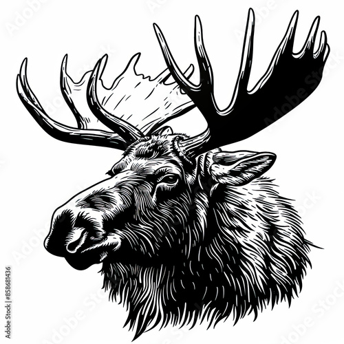 A black and white drawing of a moose 's head
