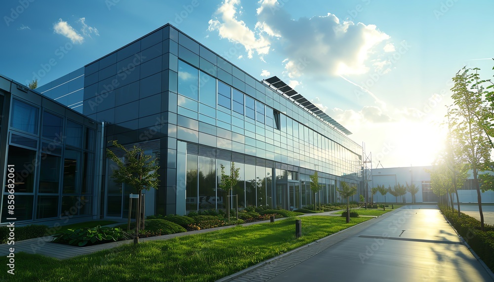 Modern office building with glass exterior and green landscaping under a bright sky, featuring clean lines and contemporary design. Modern office building with glass exterior and green landscaping under a bright sky, featuring clean lines and contemporary design.