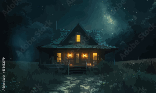 Midnight Serenade: A Hauntingly Beautiful Cabin Amidst a Star-Filled Night Sky