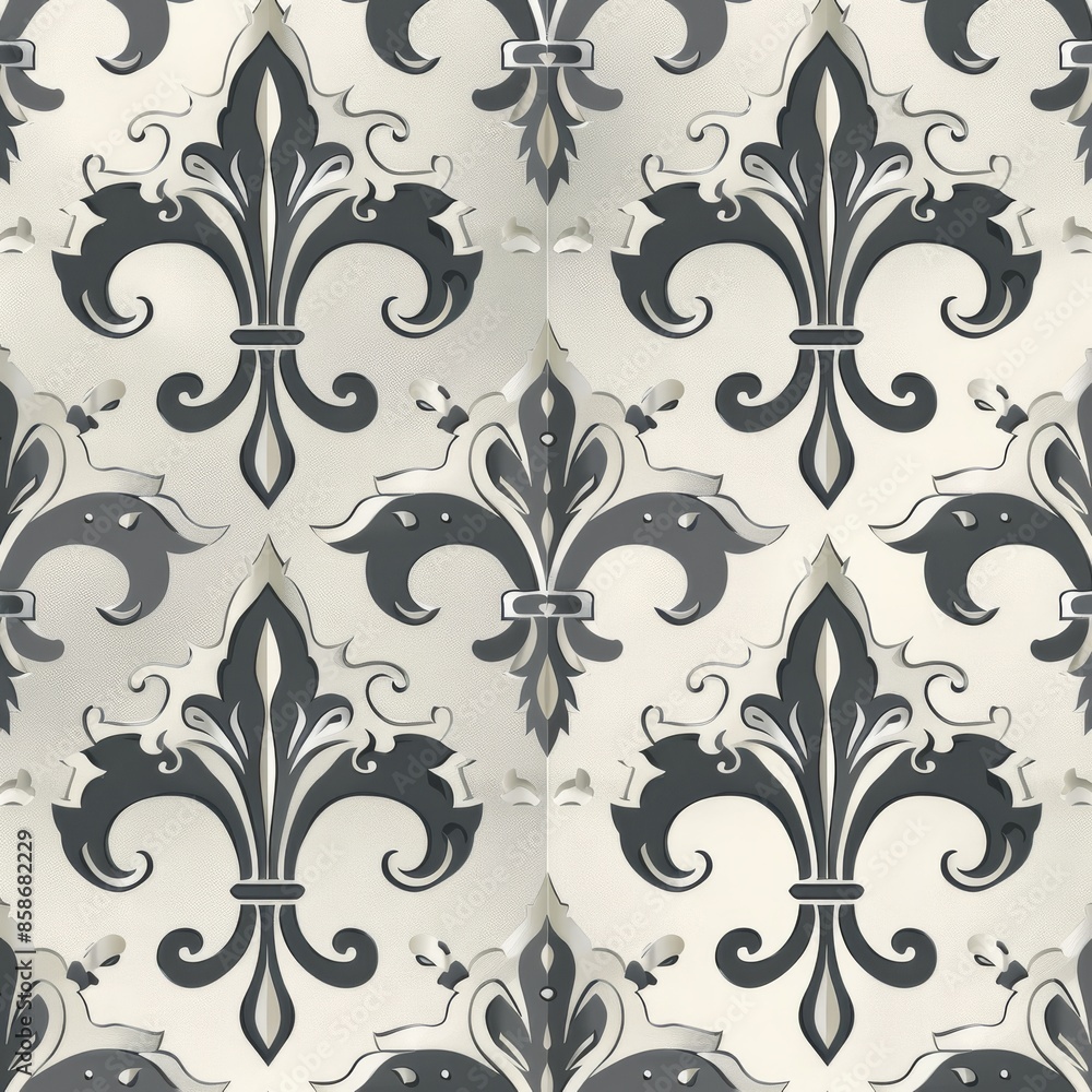 Create a repeating Fleur De Lis pattern with fleur de lis motifs in a lattice formation, creating a sense of depth and dimension. Use a monochromatic palette with shades of grey for a subtle and Create a repeating Fleur De Lis pattern with fleur de lis motifs in a lattice formation, creating a sense of depth and dimension. Use a monochromatic palette with shades of grey for a subtle and