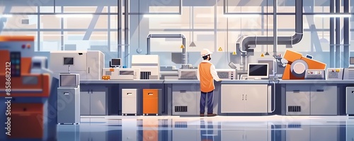 Technician working with advanced industrial machines in a modern factory setting with high-tech equipment and tools.