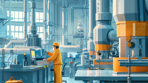 Worker operating machinery in a modern factory. Industrial equipment and technology in a high-tech manufacturing facility.