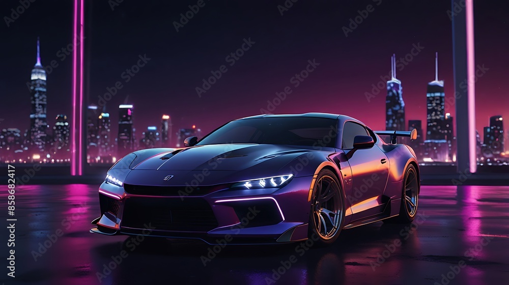 Fototapeta premium Close up of a car with neon lights on floor. Perfect for backgrounds, automotive articles, nightlife concepts, and urban design themes.