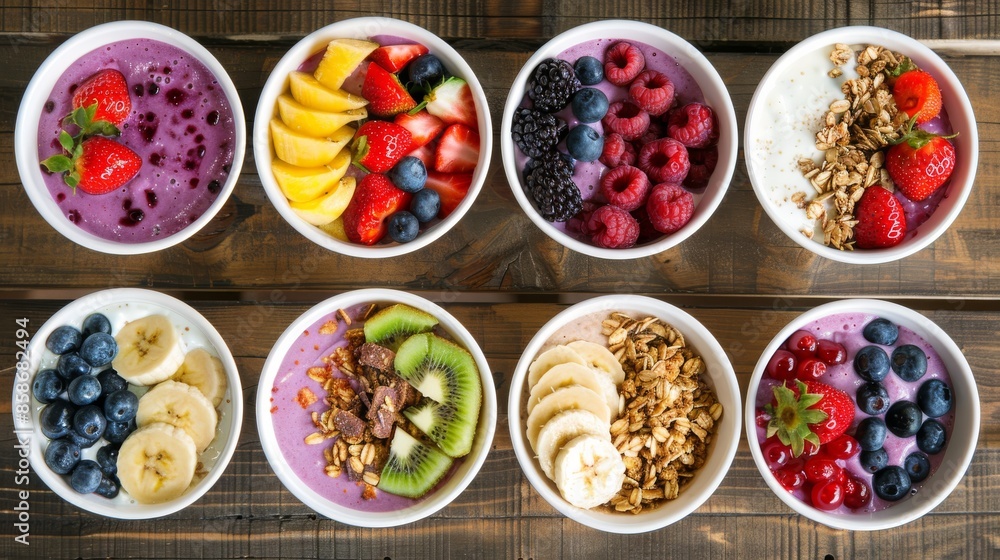 Assorted smoothie bowls with fresh fruits and granola on wooden background, healthy breakfast and nutrition concept Assorted smoothie bowls with fresh fruits and granola on wooden background, healthy breakfast and nutrition concept