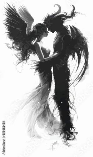 Ethereal Embrace: A Black and White Artwork Featuring a Woman with Wings and a Dark Figure with Horns