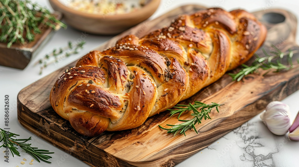 Rustic Garlic Plait Displayed on Wooden Board - Farmhouse Kitchen Decor Concept. Rustic Garlic Plait Displayed on Wooden Board - Farmhouse Kitchen Decor Concept.