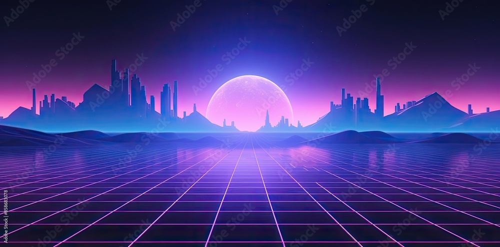 80s theme background with a space landscape featuring a blue sky and a ...